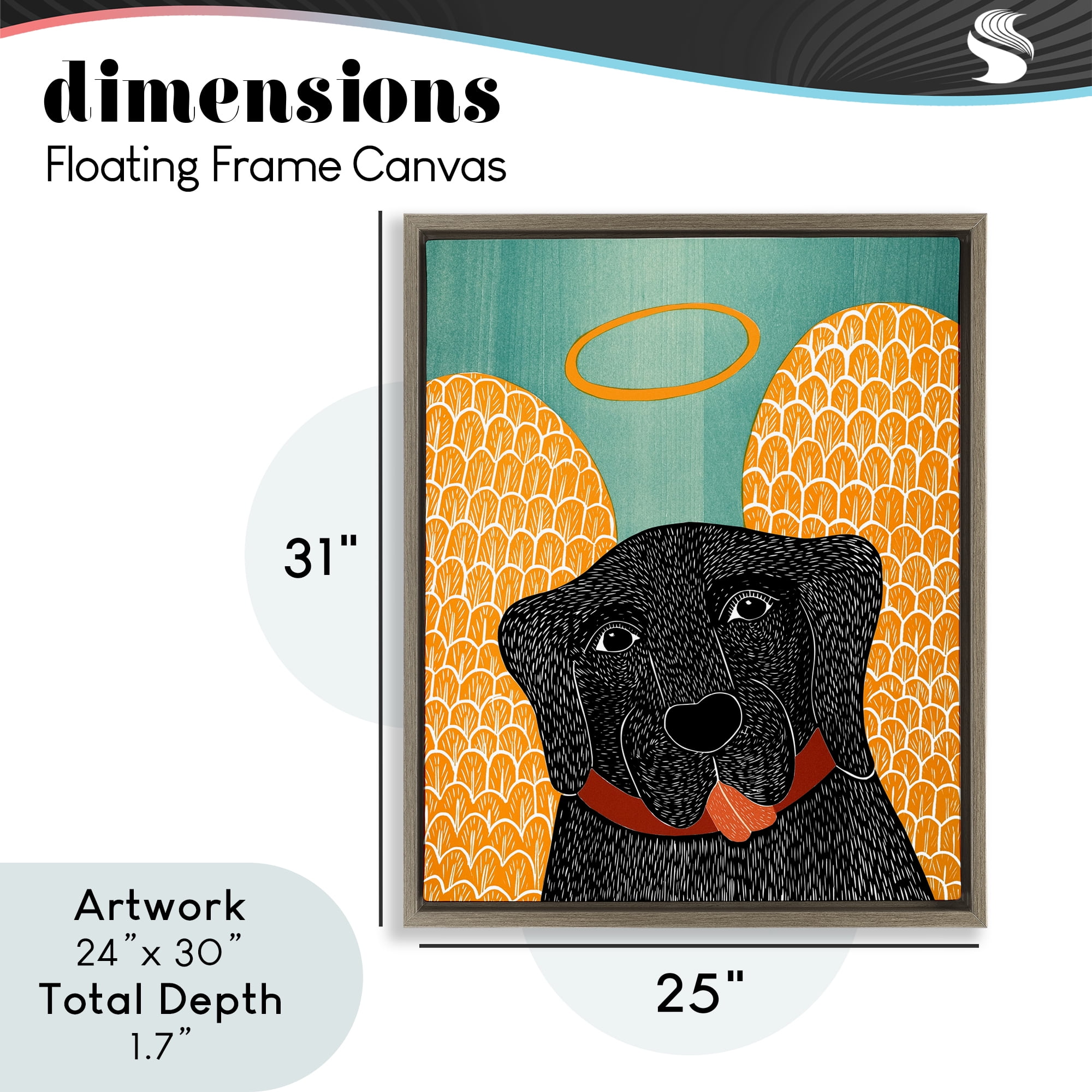 Dog Angel with Yellow Wings Brown Framed Floater Canvas Wall Art, design by Stephen Huneck