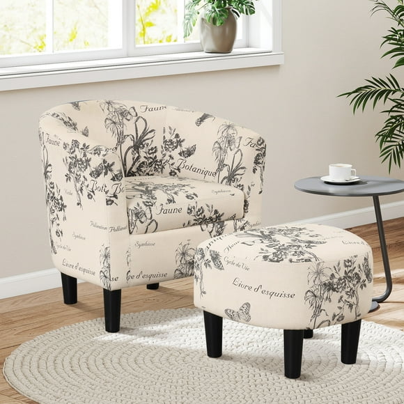 Bonzy Home Accent Chair with Ottoman, Barrel Club Chair with Footrest & Curved Backrest, Fabric Round Armchair with Upholstered Foam Seat for Living Room, Bedroom, Reading, Beige with Flower Pattern