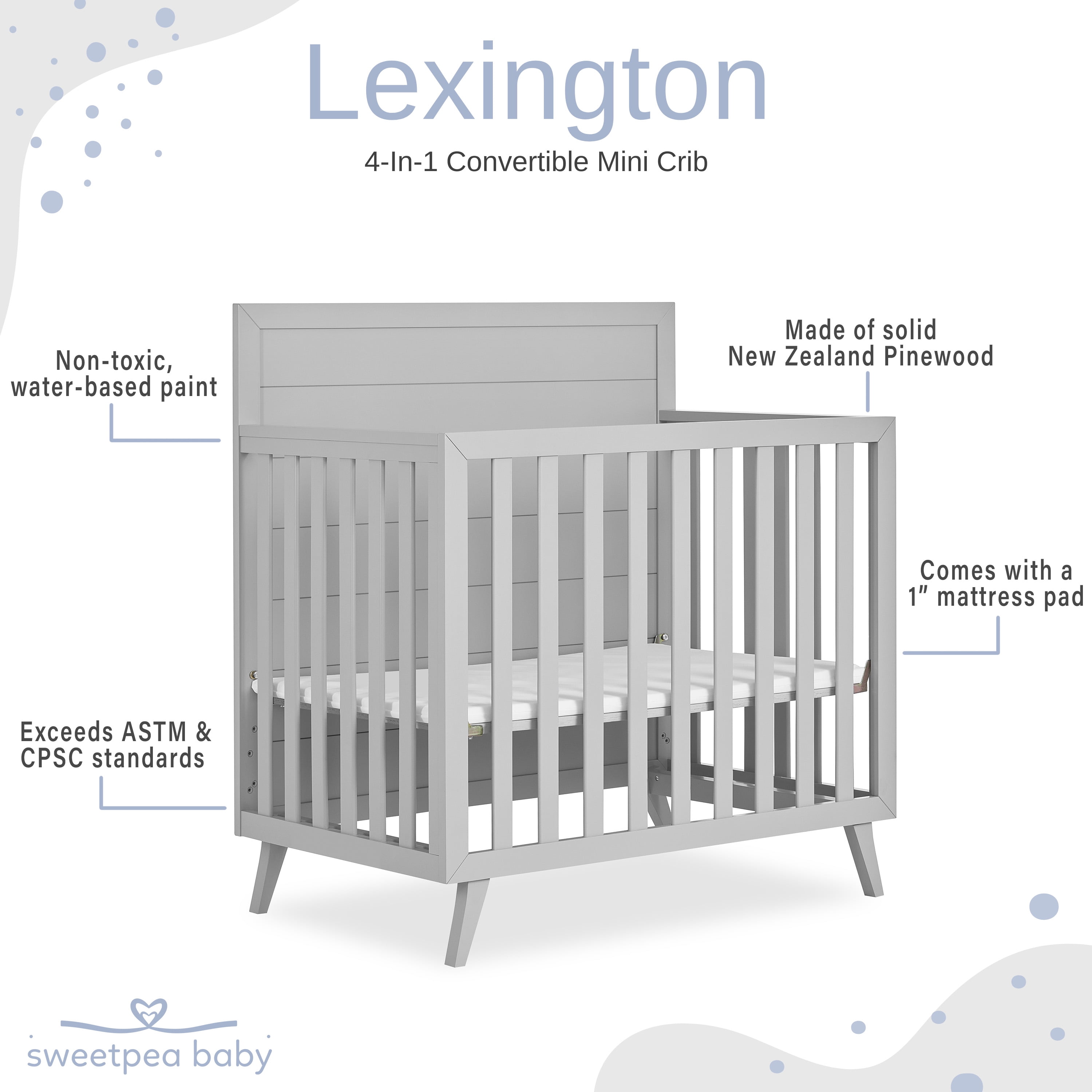 Dream On Me Lexington 4 in 1 Convertible Mini Crib, Sustainable New Zealand Pinewood, Pebble Grey