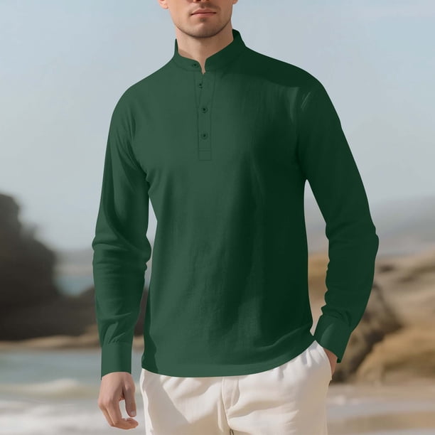 Blusa y camisa de manga larga con cuello alto para hombre, color liso, informal, con botones, medio cárdigan, manga larga, cuello alto, blusas de poliéster para hombre