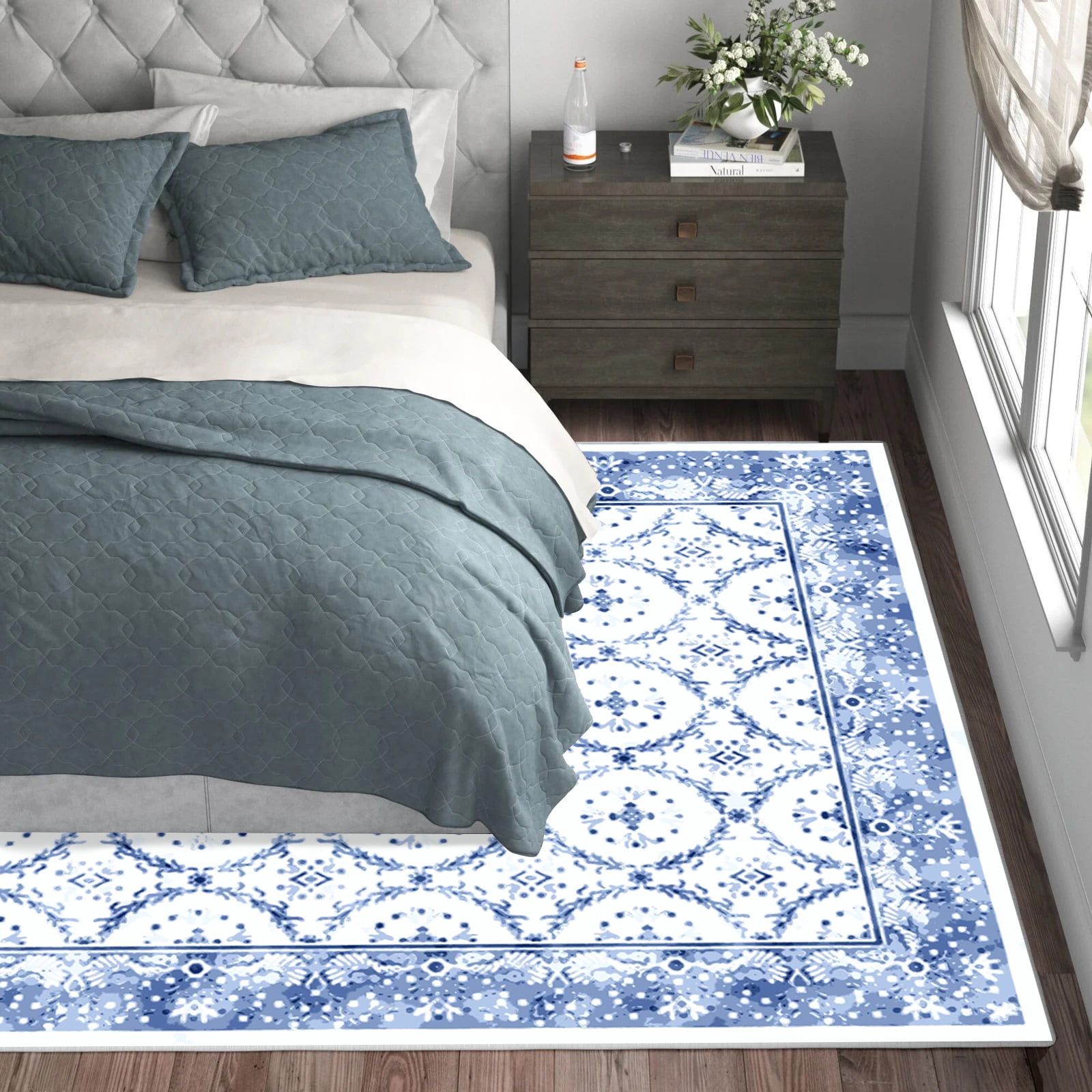 Artnice Vintage Floral Washable Rugs, Area Rugs for Living Room 8x10, Soft Faux Wool Room Rug Non Slip Indoor Carpet Mats for Home Decor, Blue and White