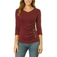 thumbnail image 5 of INSPIRE CHIC Women's Ruched Blouse Button Decor V Neck 3/4 Sleeve Solid Knit Top M Burgundy, 5 of 7