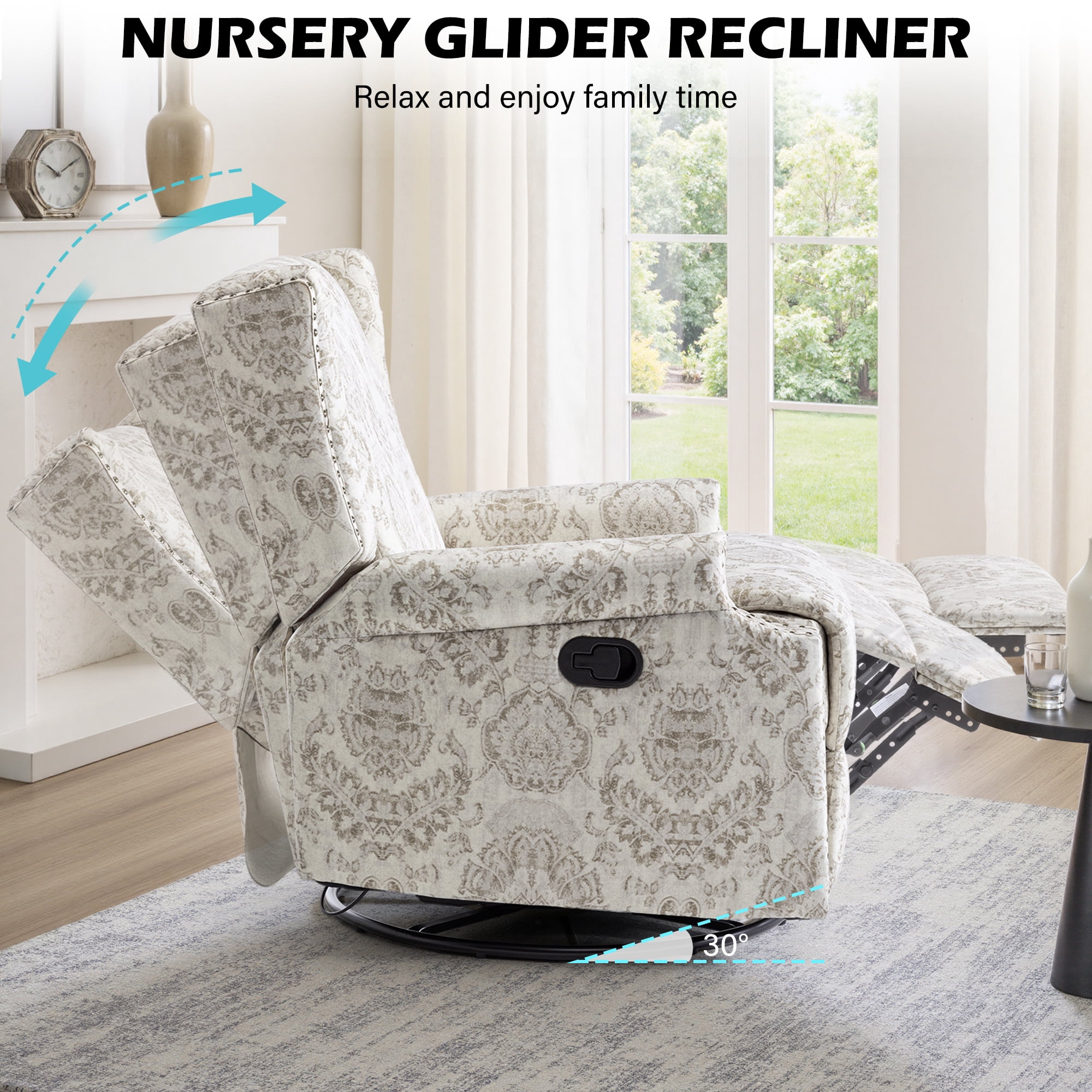 UIXE Swivel Rocker Manual Recliner Chairs Set of 2, Wingback Swivel Glider Fabric Nursery Reclining Sofa Chair, High Back Upholstered Arm Chair for Living Room Bedroom, Beige