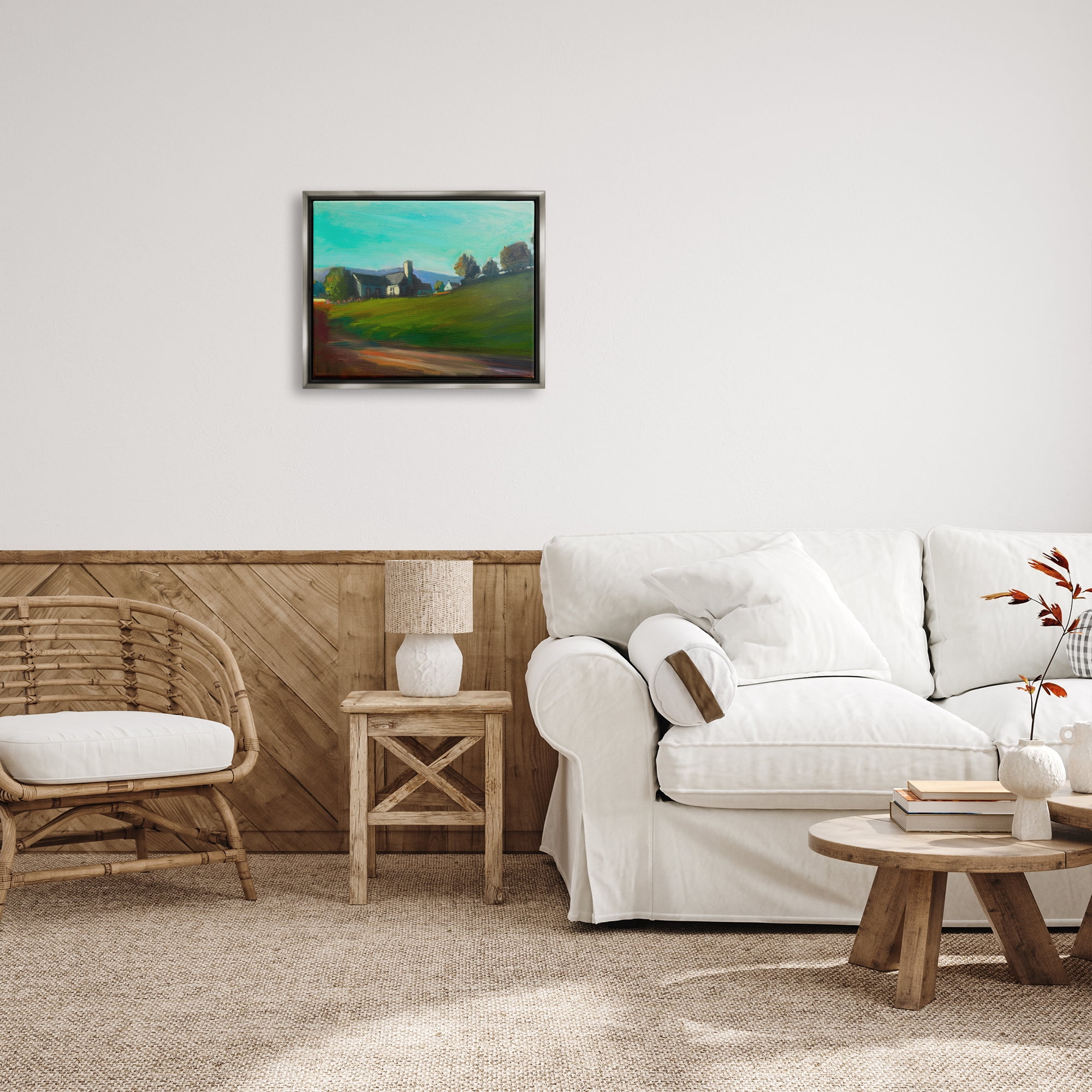 Stupell Industries Rural House Landscape Nature Painting Gray Floater Framed Art Print Wall Art, 21 x 17