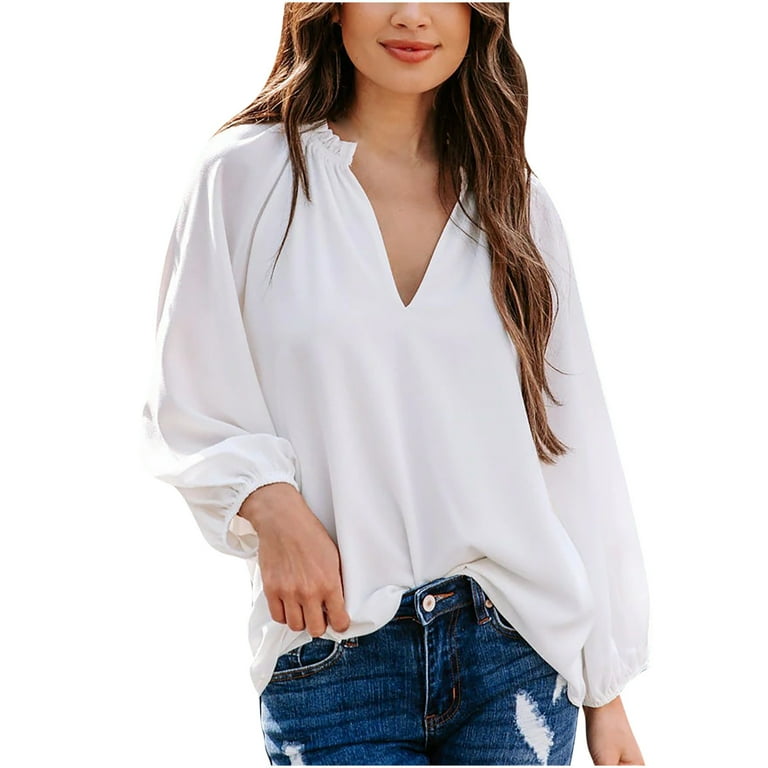 zanvin Womens Tops, Women's Fashion Solid Color V-neck Comfortable Loose  T-shirt Long Sleeves Blouse Casual Tops,White,S 