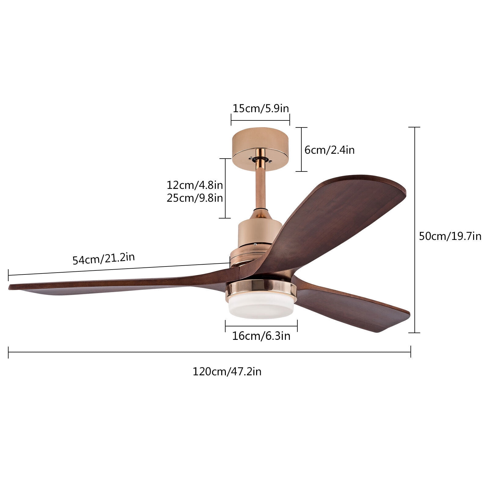 Denest 48" Ceiling Fan with Lights Remote Control, Gold Ceiling Fan with Lights LED, 3 Brown Wood Blades 3-Speed Reversible Tropical Ceiling Fan