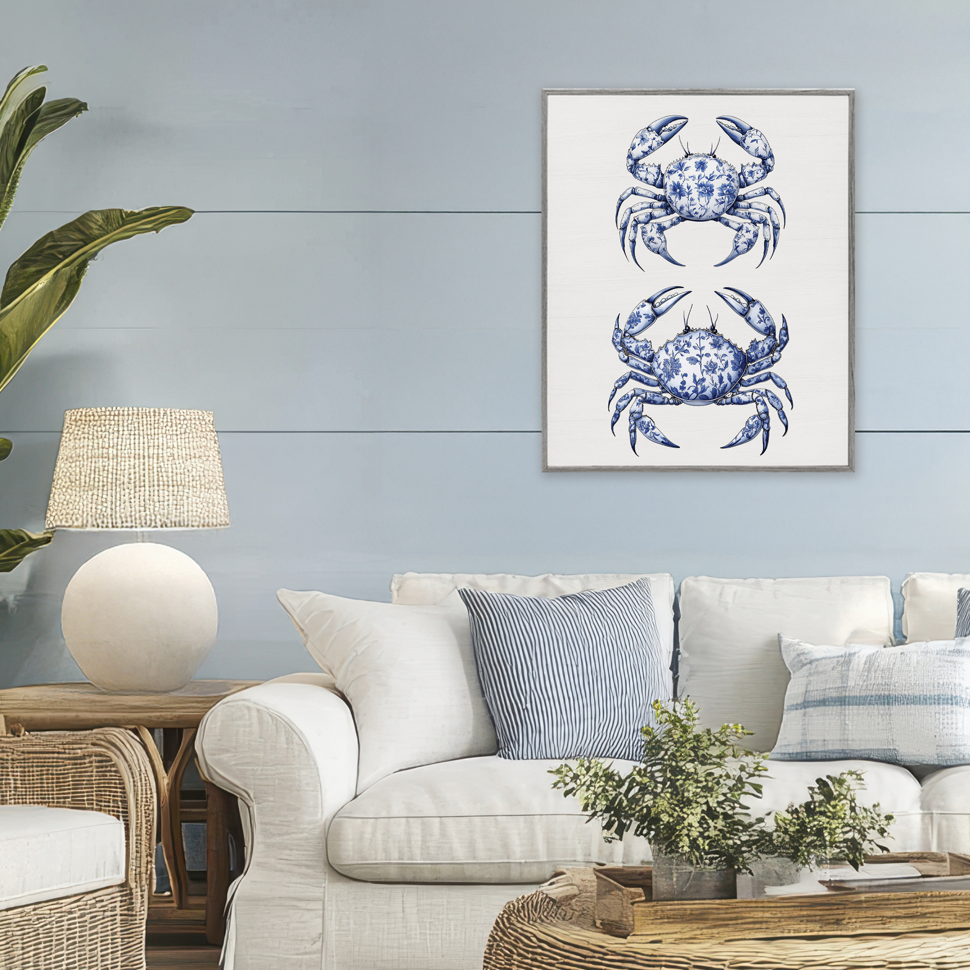 Vintage Toile Crabs Gray Framed Giclee Art, design by Lettered and Lined