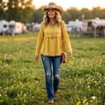 thumbnail image 4 of Linen Blouses for Women Summer Cute Fringe Long Sleeve Modest Tunic Tops Casual Y2k Baggy Crew Neck Plain T Shirts Yellow L, 4 of 7