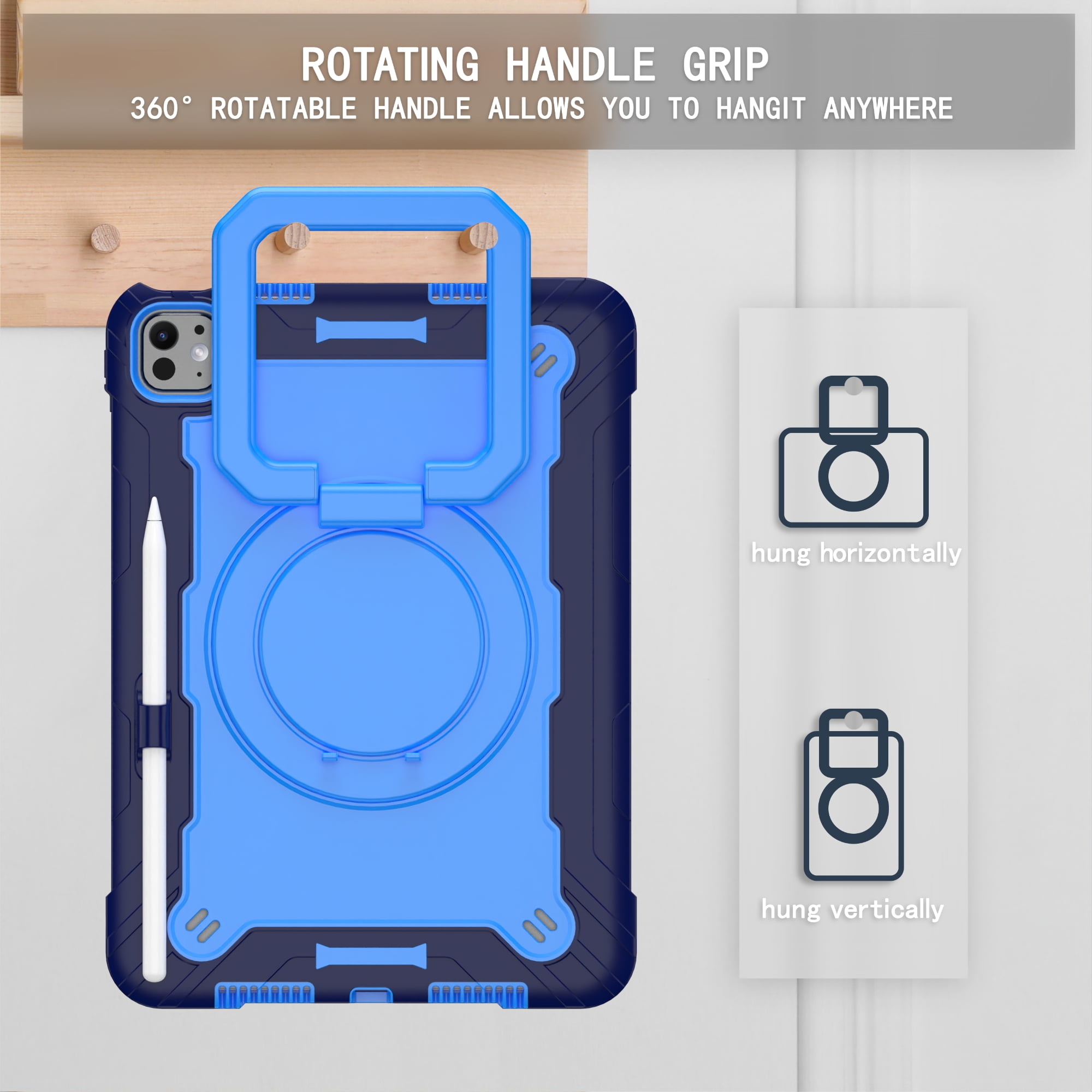 Allytechgroup Shockproof Case for Apple iPad Pro 11 Inch 2024 M4, with Shoulder Strap Pencil Holder Rotating Stand Handle Kids Friendly Heavy Duty Protection Cover for iPad Pro 11" 2024,Blue