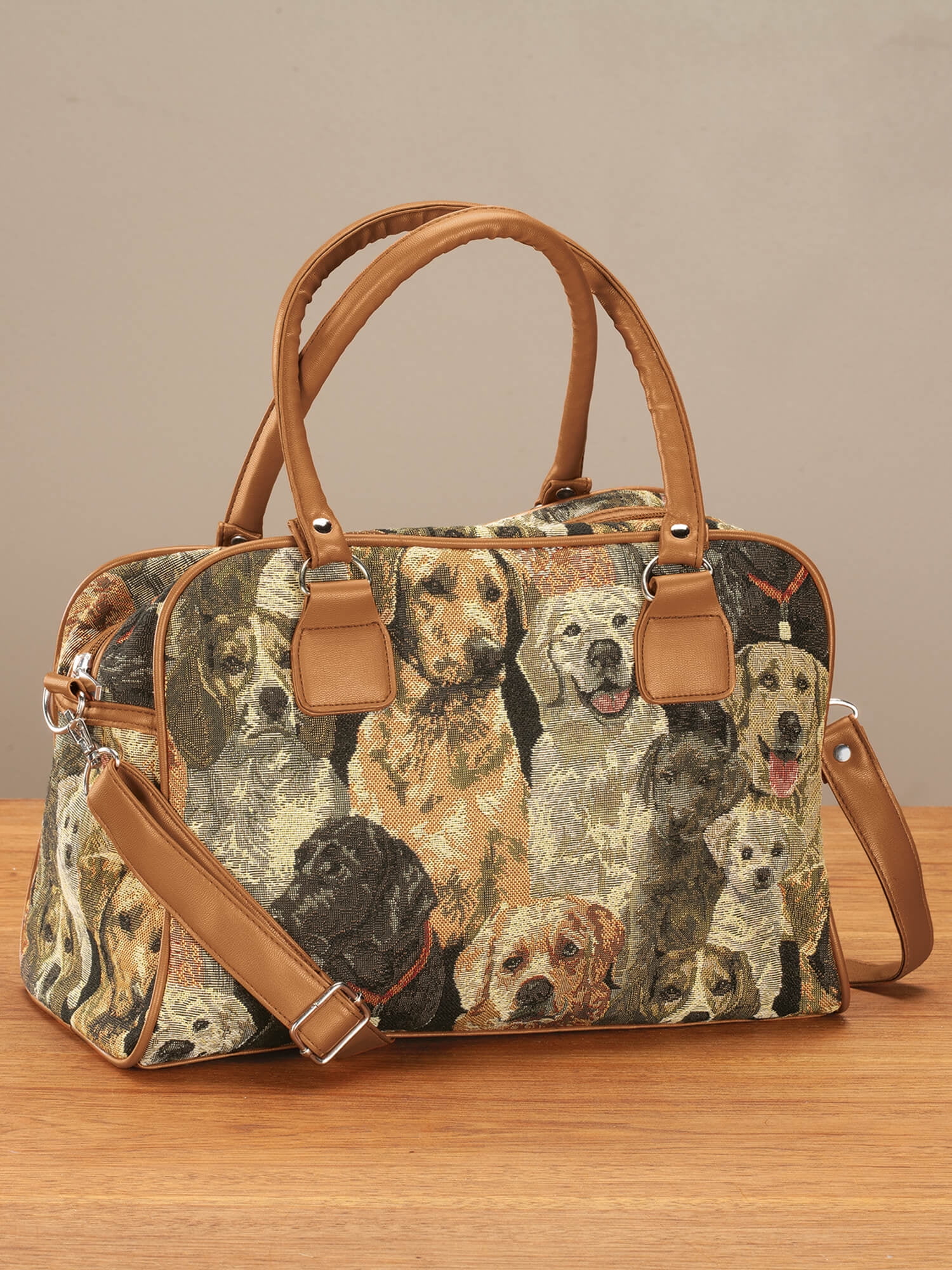 Animal Tapestry Barrel Handbag, Adjustable Straps, Zip Pocket and 2 Side Pockets, Silvetone Hardware - Measures 11" Wide x 8 3/4" High with 5 1/4" Gusset, Dog Design