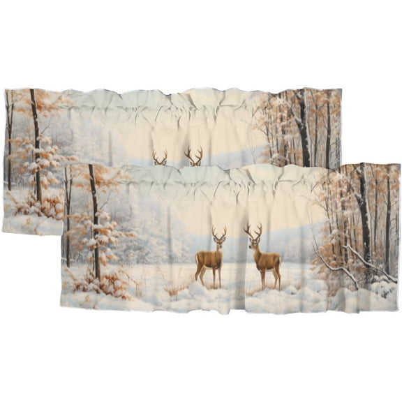 Winter Forest Deer Curtain Valance for Kitchen Wild Animal Elk Snowy Tree Rustic Farmhouse Rod Pocket Valances for Bedroom Living Room Dining Room 54 by 18 in, 2 Panel