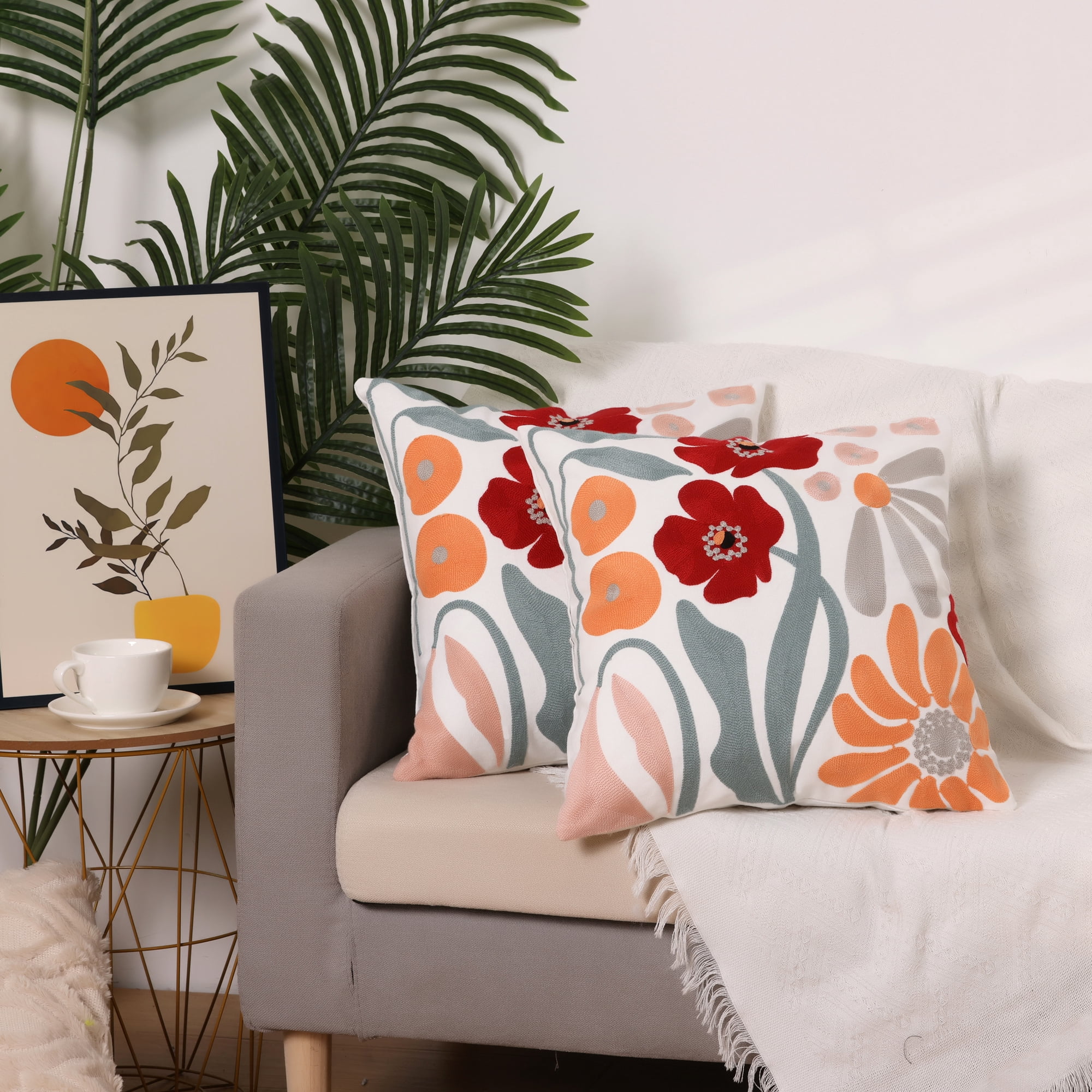 Unique Bargains Cotton Throw Pillow Cover Geometric Floral Cushion Covers (2 Count) Safflower 18" x 18"