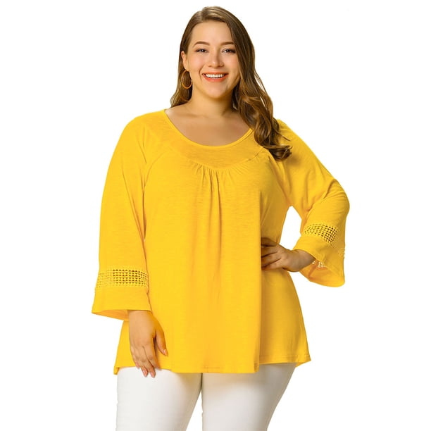 BluDelanteFrunciCon Mangas Raglán Kimono Con Panel De Ganchillo De TalGrande PaMujer Amarillo XXL