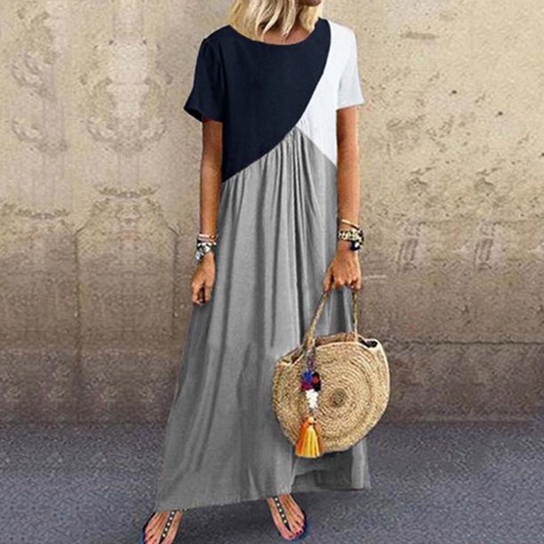 ICHUANYI Clearance Fashion Women Summer Casual Round-Neck Print Short Sleeve Loose Dress(Gray, M) ICHUANYI WER2023081202010