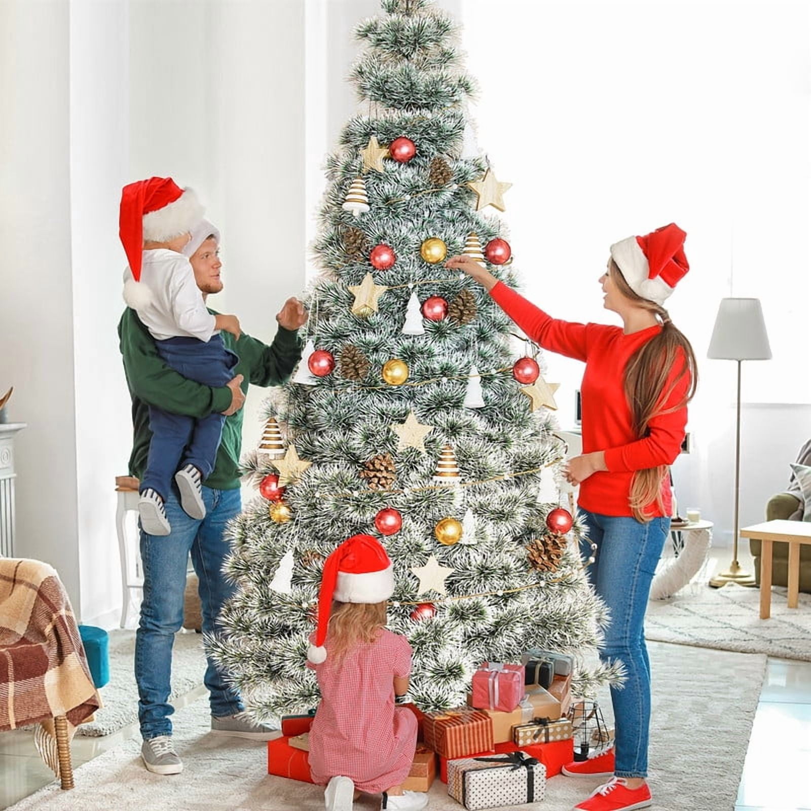 Gianna 9ft Pre-lit Snow Flocked Artificial Christmas Tree, Prelighted Artificial Hinged Spruce Xmas Tree with 2000 Branch Tips, 600 Incandescent Lights & Foldable Base for Home, Office, Party