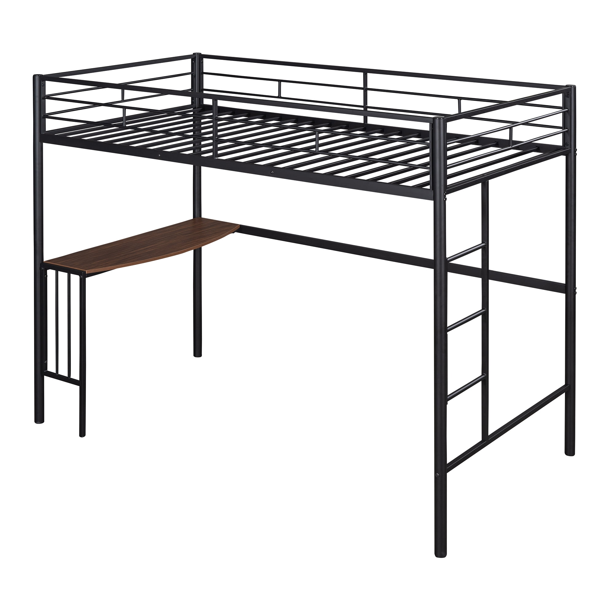 Gewnee Twin Size Metal Loft Bed Frame with Desk,Full-Length Guardrails and Ladder,Black