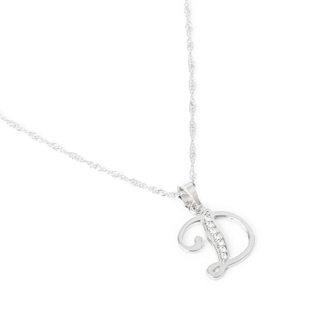dije inicial / letra d zirconias plata .925 + cadena regalo Collar con dije letra D en plata .925, vista frontal centrada sobre fondo blanco; la letra es hueca con una fila central de zirconias AAA visibles y colgador pulido, incluye cadena de fantasía plateada de 50 cm, ideal para uso diario y como detalle de regalo; suele usarse también en combinaciones en capas.