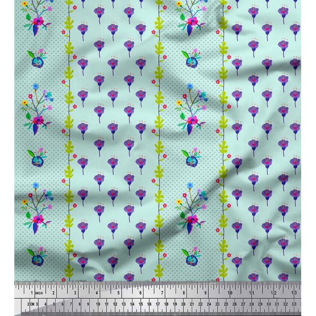 Soimoi Tissu Vert Coton à Rayures & Freesia Imprimé Floral par la Cour 56 Pouces de Large