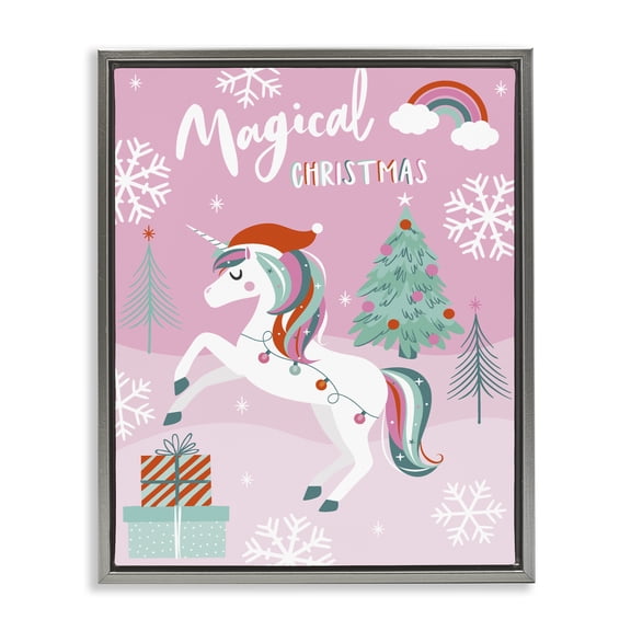 Stupell Industries Contemporary Magical Christmas Pink Unicorn Gray Floating Frame Canvas Art, 17 x 21, by Angela Nickeas