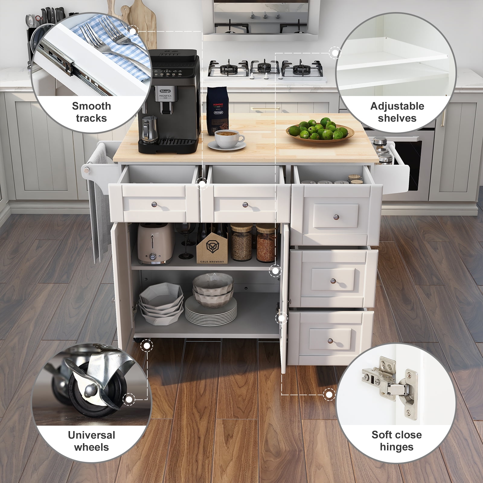 Homrest Kitchen Island with Drop Leaf,Kitchen Cart Rolling Mobile Island with Wooden Countertop, Spice Rack,Adjustable Shelves and Drawers, White