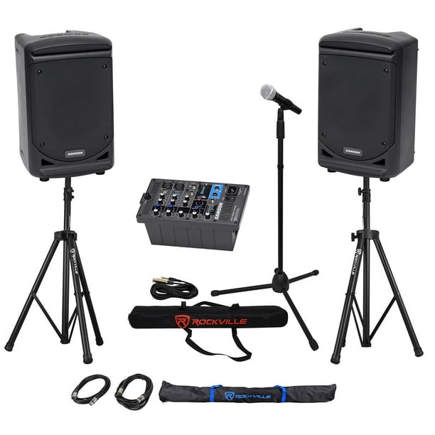 Samson Expedition XP300 300w 6" PA DJ Speakers+6ch Mixer+Stands+Mic