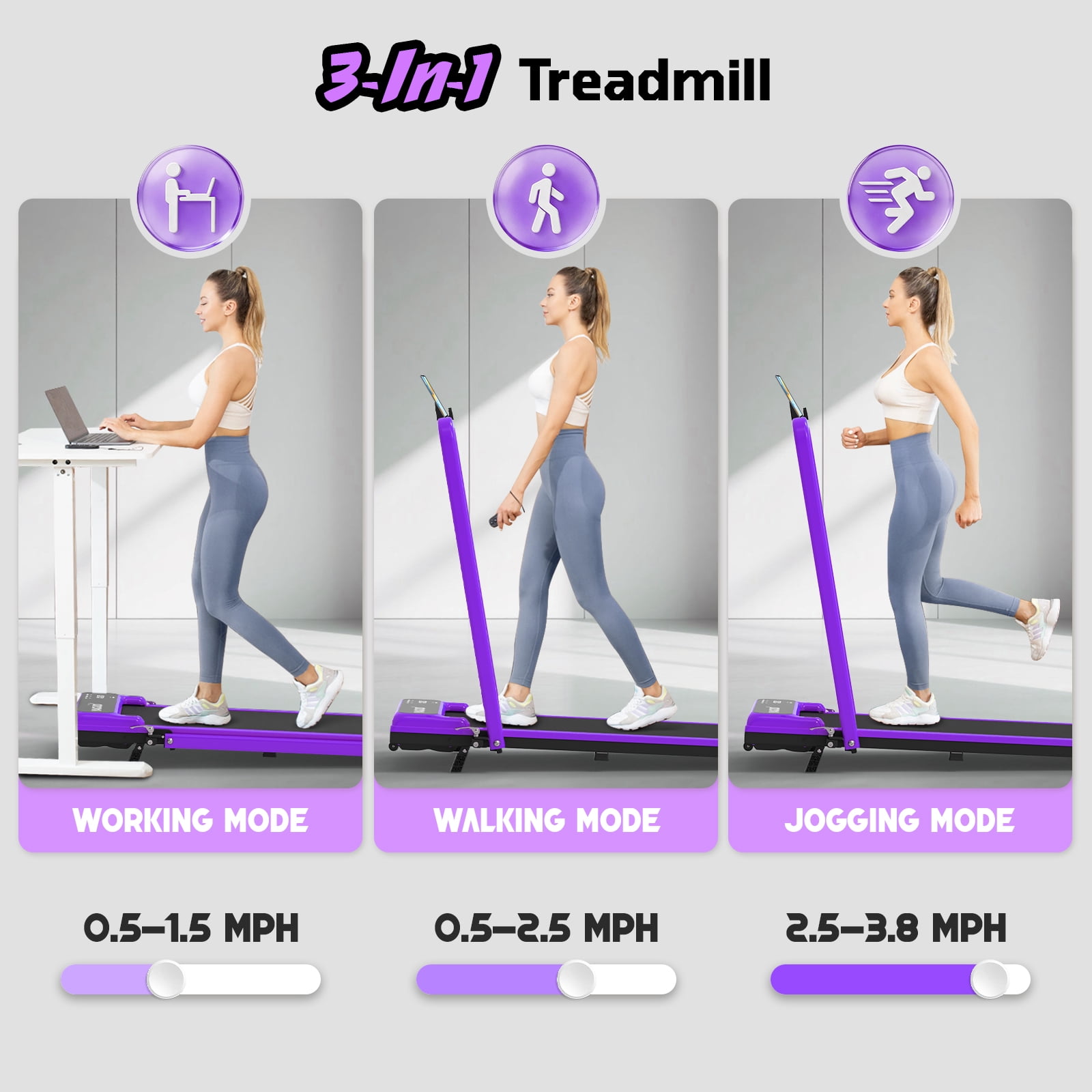 Yagud Walking Pad Treadmill with Handle Bar and Adjustable Incline, 3.8HP Portable Electric Treadmills with Wheels for Home, Home Treadmills with Incline, 0.5-3.8MPH, Purple