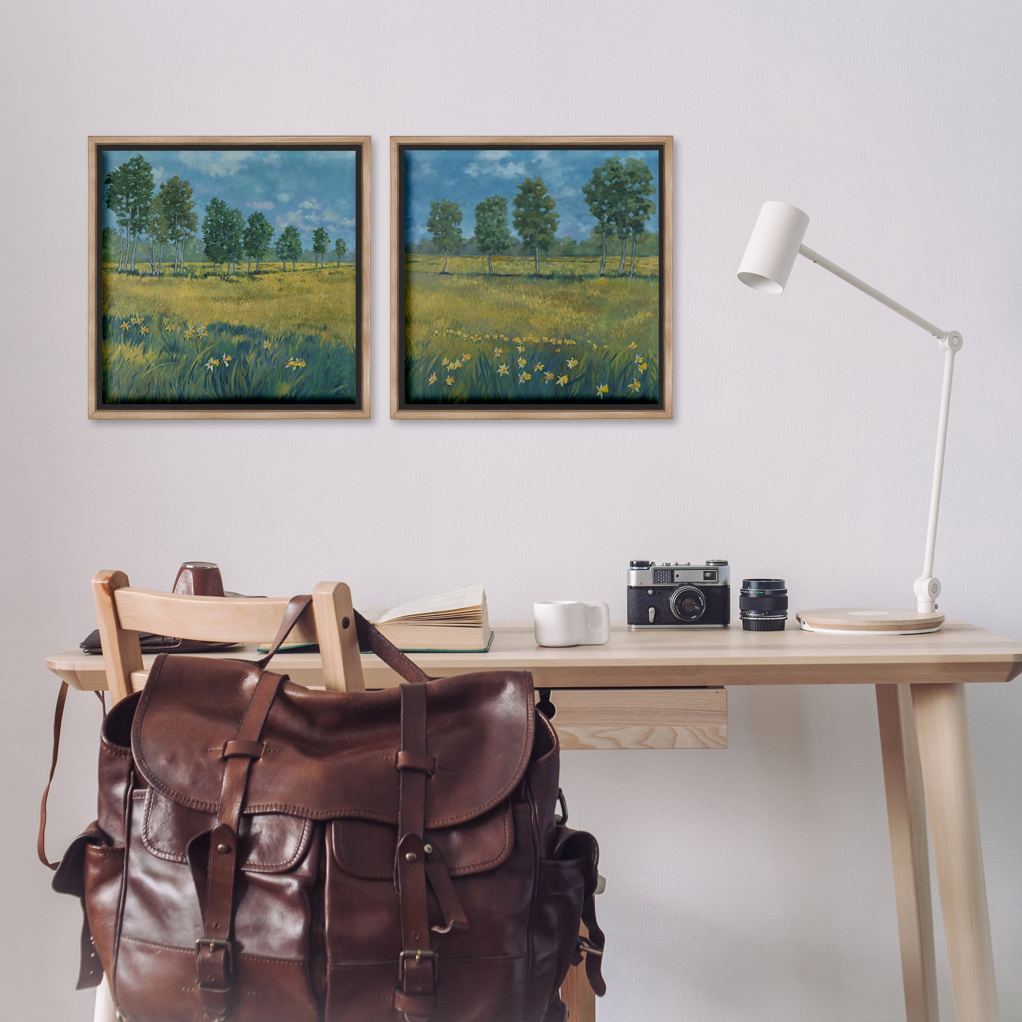 Stupell Industries Daffodil Tree Lined Field Landscape & Nature Painting Brown Floater Framed Canvas Art Print Wall Art, 18 x 18, Set of 2