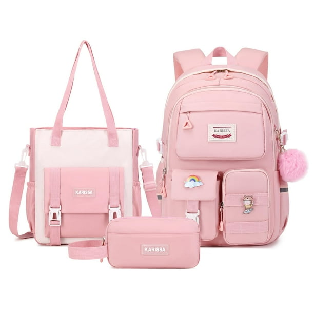 Mochila MUSEVOS Kawaii para niñas para la escuela con bolsa de mano rosa, 3 unidades