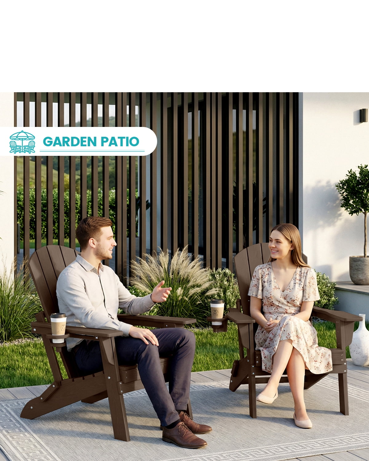 Cobiod Folding Adirondack Patio Chair with Cup Holder, HDPE All-Weather Outdoor Lounge Chair, Wood Grain Ergonomic Design, Coffee