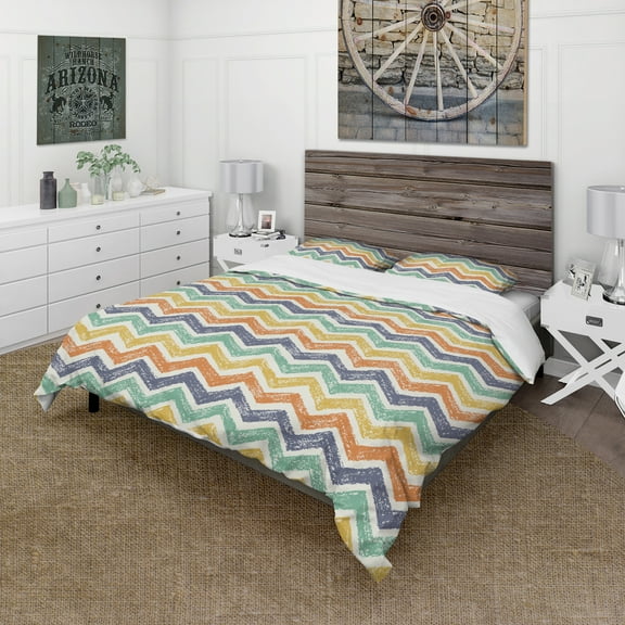 Designart 'Retro Chevron in Orange, Blue and Yellow' Vintage Duvet Cover Set