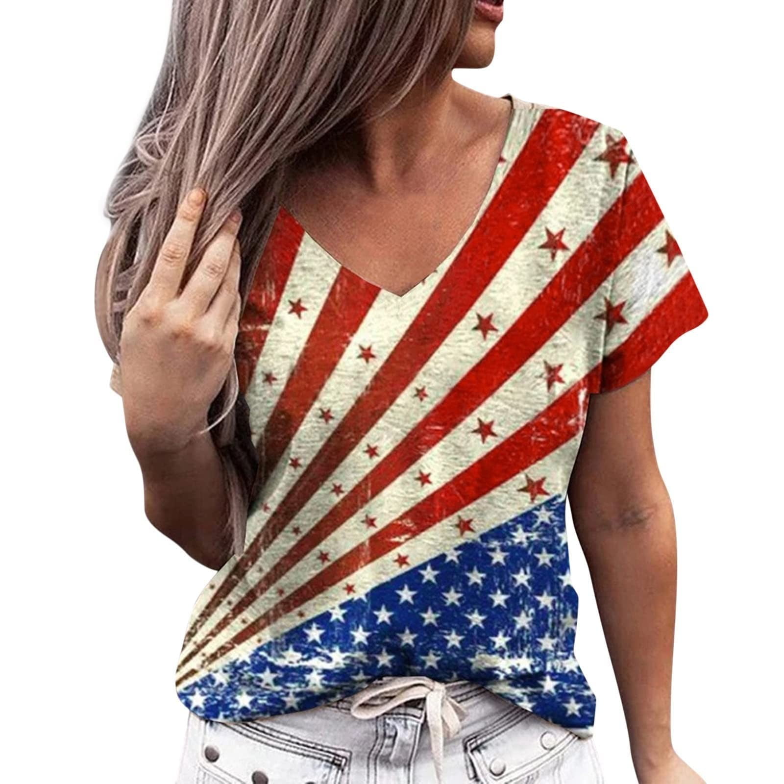Women's 4th of July Tops Women's Independence Day Print V Neck Casual T Shirt Short Sleeved 