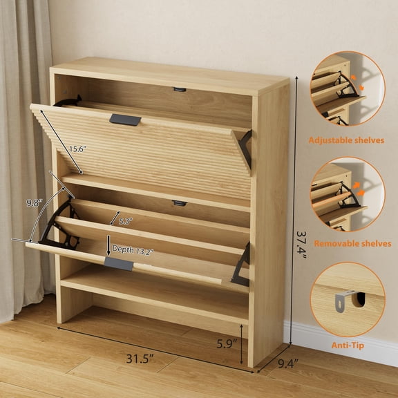 Shoe Storage Cabinet for Entryway, Fluted Shoe Cabinet with 3 Flip Drawers Doors, 32" Wide Hidden Shoe Rack Tall Freestanding Shoe Organizer for Entrance, Hallway, Living Room, Natural