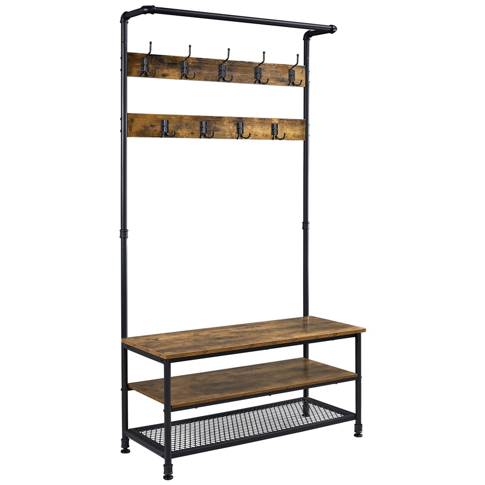 SmileMart Industrial Entryway Hall Tree with Storage Shelves and Coat Hooks, Rustic Brown