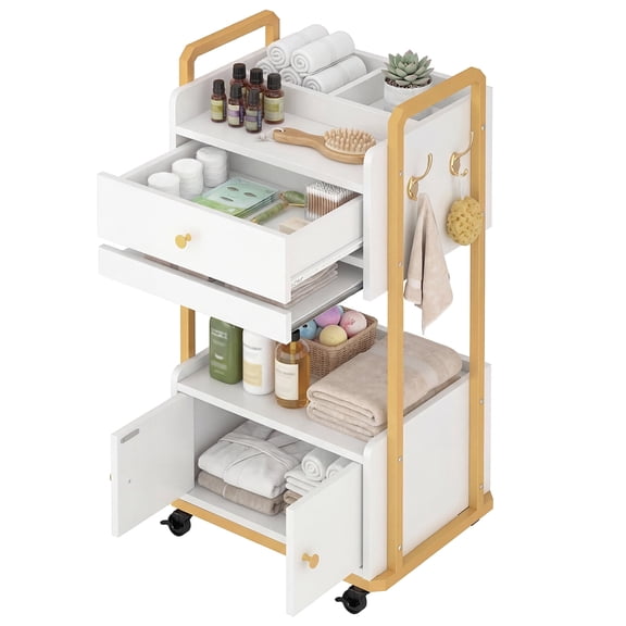 Advwin Salon Spa Rolling Cart with Drawer, Hooks & Pull-Out Tray, Mobile Esthetician Cart Beauty Trolley with Storage Cabinet for Skincare & Facial Use, White