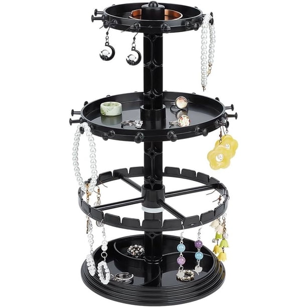 Organizador de joyas de 3 niveles, expositor de acrílico giratorio, redondo, para pendientes, anillos y pulseras (negro)