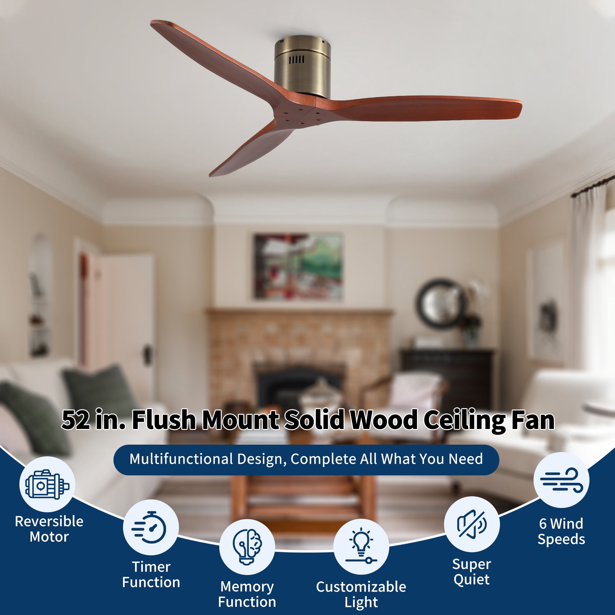 Leumius 52" Farmhouse Rustic Elegance Classical Solid Wood Low Profile Flush Mount Ceiling Fan without Light for Living Room Bedroom