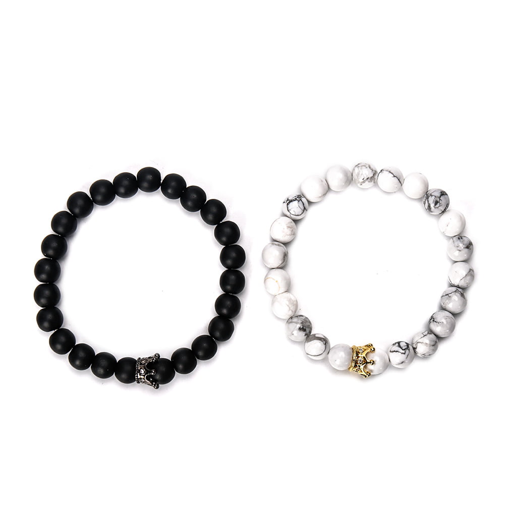 Couple Black White Stone Beads with Gold Silver Alloy Crown Bracelets for Lovers 