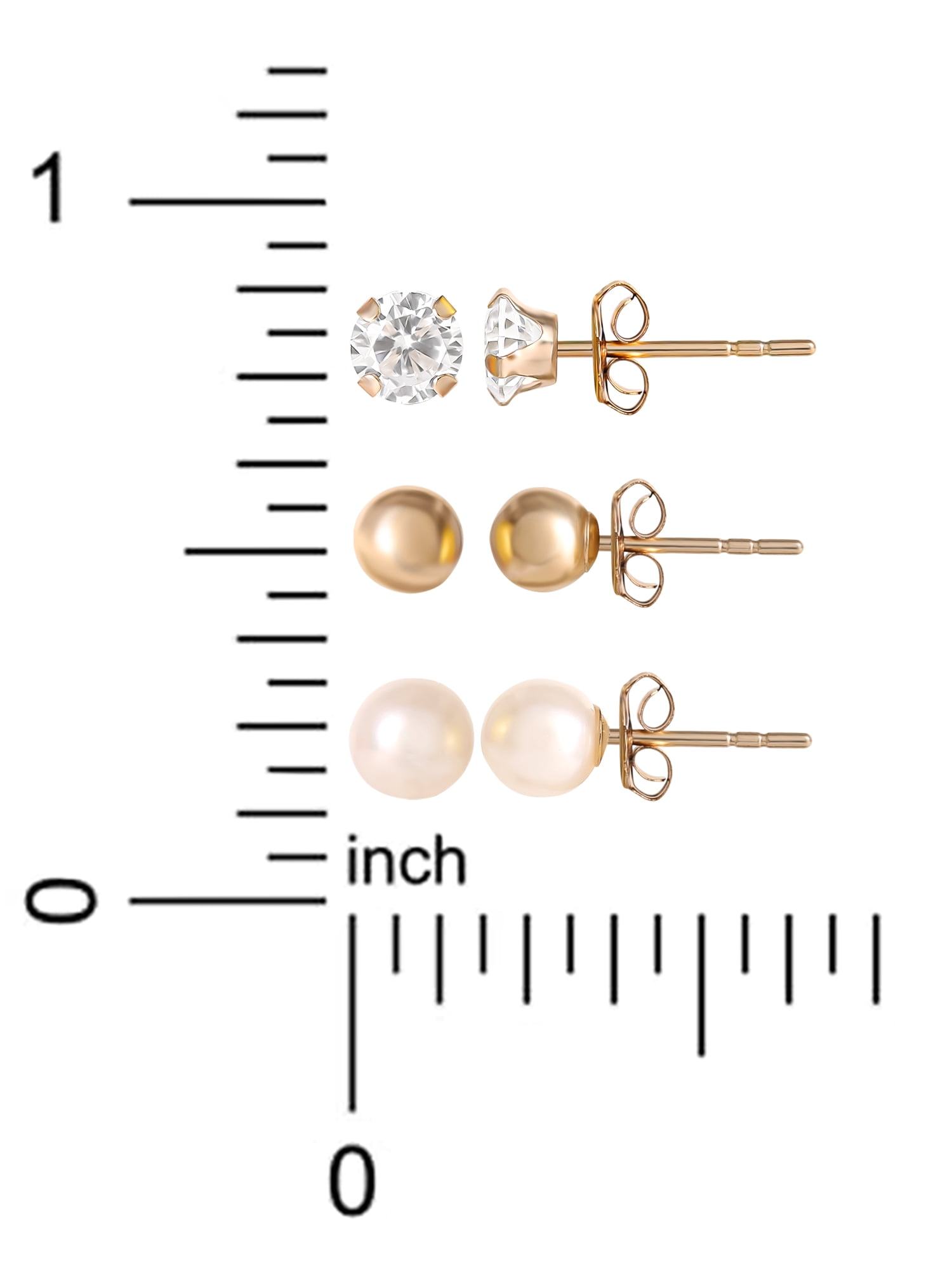 Brilliance Fine Jewelry Women's Pearl Stud Earrings, 3 Pairs, 14K Yellow Gold