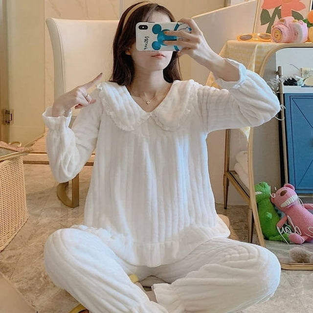 Pijamas de franela de otoño e invierno para mujer, manga larga, grueso, cálido, polar coral, conjunto de ropa para el hogar con forma de oso de galleta
