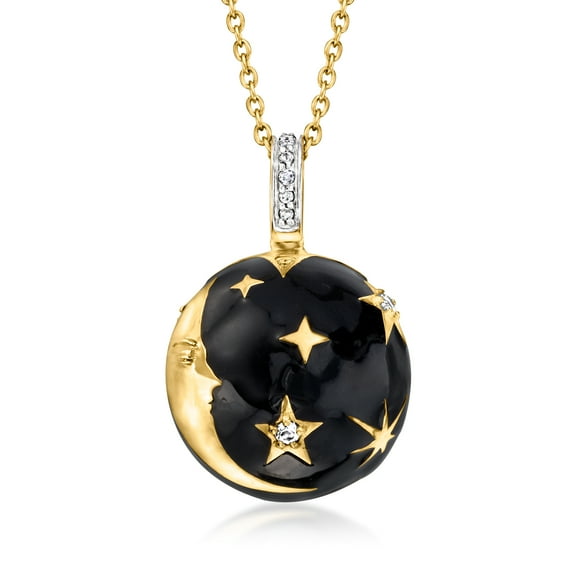 Ross-Simons Black Enamel and .10 ct. t.w. White Topaz Moon and Stars Pendant Necklace in 18kt Gold Over Sterling, Women's, Adult
