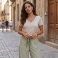 thumbnail image 6 of Women's Casual Barrel Pants Summer Striped Drawstring Wide Leg Trousers Beach Lounge Capri Pants with Pockets Green S, 6 of 8
