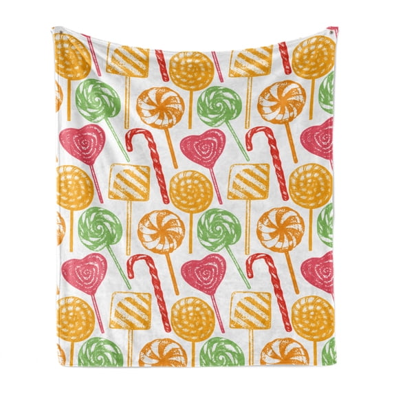 Candy Cane Soft Flannel Fleece Blanket, Continuous Sketch Style Candy Sticks Pattern on Plain Backdrop, Cozy Plush for Indoor and Outdoor Use, 60" x 80", White Orange and Dark Coral, by Ambesonne