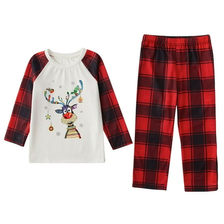 

Cute Reindeer Print Christmas Pajamas For Family -Holiday PJs Matching Sets Classic Plaid Xmas Clothes Soft Outfit Sleepwear