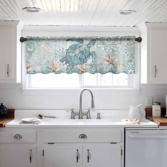 Coastal Sea Turtle Valance Curtains for Kitchen/Living Room/Bathroom/Bedroom Window, Teal Nautical Beach Starfish Vintage Rod Pocket Small Topper Half Short Window Curtains Voile Sheer Scarf 42"x12"