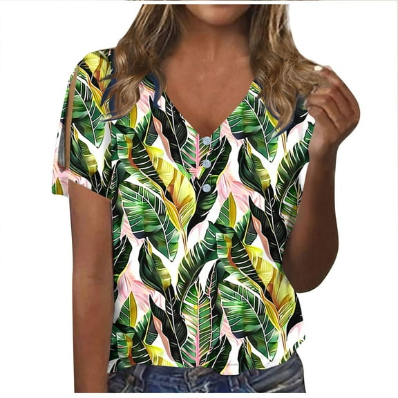 Raeneomay Button Down Shirts Loose Summer Tops for Women Women Fashion Casual Shirts Short Sleeve Loose Tee Tops V Neck Blouse