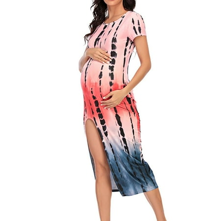 

asdoklhq Pregnant Clothes Clearances Plus Size Dress Round-neck Short-sleeved Printed Maternity Dress For Women