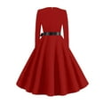 thumbnail image 6 of Women's Midi Dress Long Sleeve Crew Neck Solid Color Vintage Casual Belted Waist Dress for Spring Fall Everyday Wear,Wine,M, 6 of 6