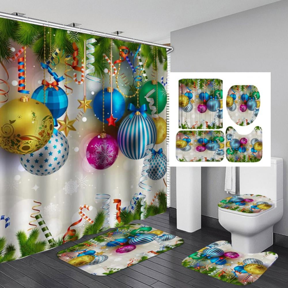 4Pcs Merry Christmas Shower Curtain Sets Christmasthemed Shower