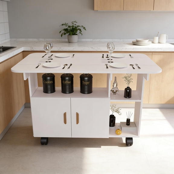 Folding Dining Table with Drawer Movable Kitchen Table Drop Leaf Table, with Built-In Drawer and 6 Wheels for Small Spaces Craft and Dining Use, White