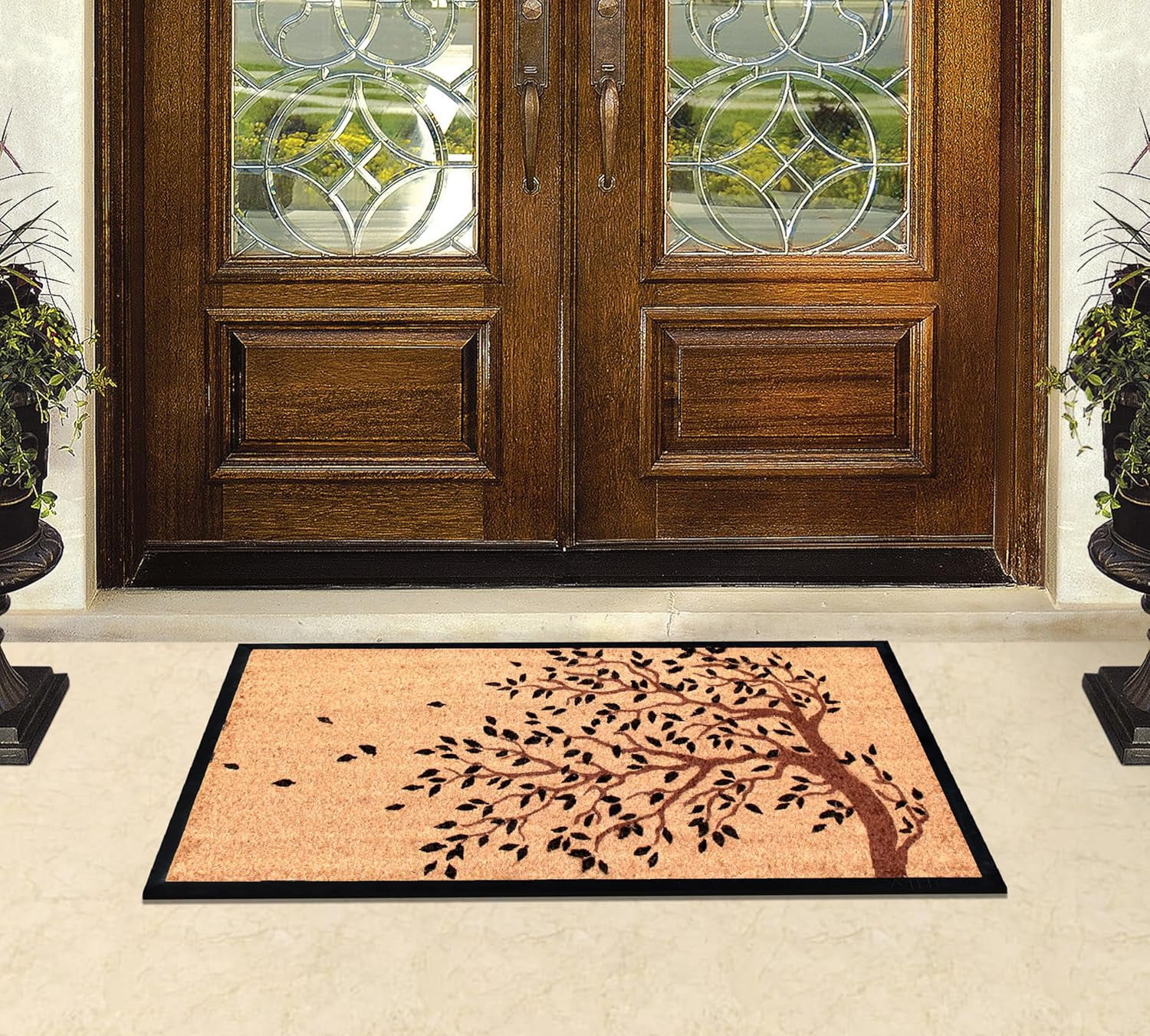 A1 Home Collections Entrance Door Mats, 24” x 48”, Durable Large Non-Slip Welcome Doormat, Rubber Backed Thin-Profile Heavy Duty Doormat for Front Door, Shedding Tree Bronze